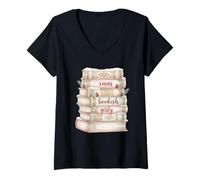 Donna Xmas Bookish Girly Accogliente Vacanza Lettura Estetica Maglietta con Collo a V