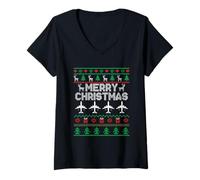 Donna Xmas Merry Christmas Airplane Fly Aviation Aereo di volo Maglietta con Collo a V