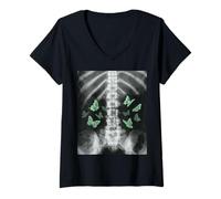 Donna Xray Skeleton Verde Farfalla Egirl Y2k Harajuku Grunge Edgy Maglietta con Collo a V