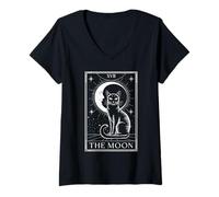 Donna XVII The Moon Carta Tarocchi Gatto Luna Mistico Astrologia Maglietta con Collo a V