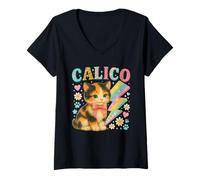 Donna Y2K Calico Cat Design con fulmini e Fiori Maglietta con Collo a V
