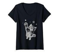 Donna Y2K Cat Jumping Stars Silly 90s 2000s Grunge Vintage Graphic Maglietta con Collo a V