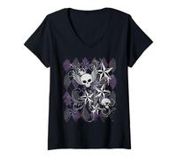 Donna Y2k Grunge Skull Wings Star Purple 2000s Emo Harajuku Goth Maglietta con Collo a V