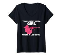 Donna Yeah I Shoot Like A Girl Want A Lezione? Funny Girls Hunter Maglietta con Collo a V