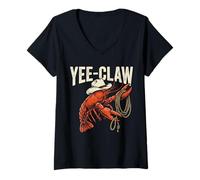 Donna Yee-Claw Crawfish Cajun Pesce Divertente Gamberi Cowboy Maglietta con Collo a V