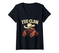 Donna Yee-Claw Crawfish Cajun Pesce Divertente Gamberi Cowboy Maglietta con Collo a V