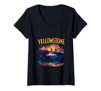 Donna Yellowstone Bison Silhouette Grand Prismatic Spring Maglietta con Collo a V