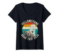 Donna Yellowstone Road Trip 2026 Retro Geyser Bear Tramonto YNP Maglietta con Collo a V