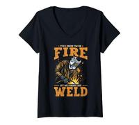 Donna Yes I Know I'm On Fire Let Me Finish This Weld Maglietta con Collo a V
