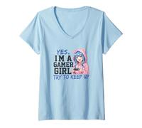 Donna Yes I'm A Gamer Girl Try To Keep Up Divertente Anime Style Graphic Maglietta con Collo a V