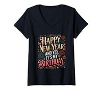 Donna Yes It's My Birthday Capodanno Maglietta con Collo a V