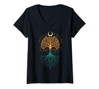 Donna Yggdrasil Occulto, Luna, Radici e Simboli Sacri Maglietta con Collo a V
