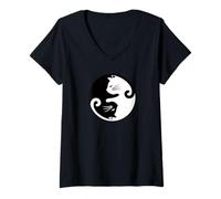 Donna Yin Yang Cat T-Shirt - Zen Balance & Cat Lover Maglietta con Collo a V