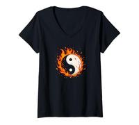 Donna Yin Yang Fuoco Feng Shui Burning Ying Yang Taoismo Buddismo Maglietta con Collo a V