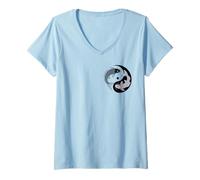 Donna Yin Yang Koi Pesce Giapponese Kanji Zen Simbolo Equilibrio Due Lati Maglietta con Collo a V