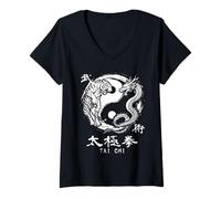 Donna Yin Yang Tiger Dragon Tai Chi Istruttore di Meditazione Maglietta con Collo a V