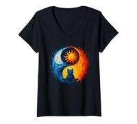 Donna YinYang Yoga Meditazione Luna Sole Art Silhouette Cat Maglietta con Collo a V