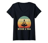 Donna yoga meditazione blockchain benessere finanza calma Bitcoin Maglietta con Collo a V