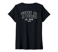 Donna Yolo JK BRB Jesus Christ Funny Christian Easter Sunday Joke Maglietta con Collo a V