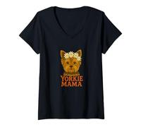 Donna Yorkie Mama Yorkshire Terrier con Corona di Margherite Cane Floreale Maglietta con Collo a V