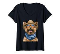 Donna Yorkshire Terrier con Occhiali da Sole e Cappello di Paglia, Cane Yorkie Maglietta con Collo a V