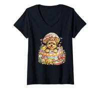 Donna Yorkshire Terrier Uovo di Pasqua covato | Simpatico Cucciolo Sorpresa Maglietta con Collo a V