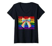 Donna You Belong, bandiera del gay pride, LGBTQ ragazza, arcobaleno, coquette con fiocco Maglietta con Collo a V