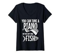 Donna You Can't Tuna Fish Divertente Pesca Musica Musicista Pianoforte Maglietta con Collo a V