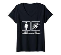 Donna Your Girlfriend vs. My Girlfriend Funny Running Design Maglietta con Collo a V