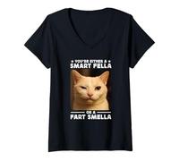 Donna You're Either a Smart Fella Or a Fart Smella Funny Cat Meme Maglietta con Collo a V