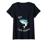 Donna Yum! I Love Vegans! Divertimento Vegetariano Shark Nuoto, Uomo/Donna Maglietta con Collo a V