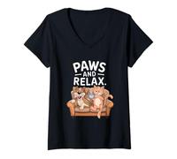Donna Zampe E Relax Cartoon Gatto Cane Caffè Divano Scena Divertente Pun Maglietta con Collo a V