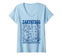 Donna Zante Grecia Mar Mediterraneo Retro Ocean Sealife Maglietta con Collo a V