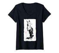 Donna Zen Fox giapponese Sumi-e pittura a inchiostro arte minimalista Maglietta con Collo a V