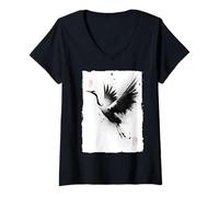 Donna Zen giapponese Gru Tsuru Vintage Sumi-e Pittura Regalo Maglietta con Collo a V