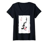 Donna Zen Koi Pesce Giapponese Pittura Buona Fortuna & Forza Maglietta con Collo a V
