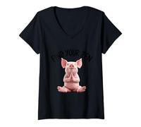 Donna Zen Pig Meditazione calma Maglietta con Collo a V