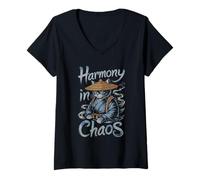 Donna Zen Samurai Cat Harmony in Chaos con cappello di paglia giapponese Maglietta con Collo a V