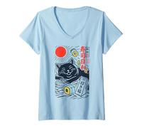 Donna Zen Sushi Cat Onde Giapponesi Arte Minimalista Pacifica Maglietta con Collo a V