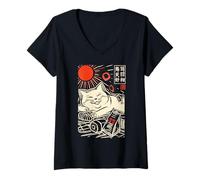 Donna Zen Sushi Cat Onde Giapponesi Arte Minimalista Pacifica Maglietta con Collo a V
