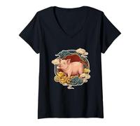 Donna Zodiaco Cinese Lucky Pig Maglietta con Collo a V