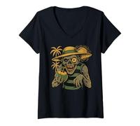 Donna Zombie Bere Coconut Summerween Party Summer Horror Maglietta con Collo a V