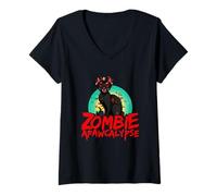 Donna Zombie Cat APAWCALYPSE Halloween Kittie Gioco di Parole Maglietta con Collo a V