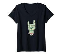 Donna Zombie Rocker Zombie Corna a Mano Maglietta con Collo a V