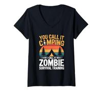 Donna Zombie Sopravvivenza Formazione Camper Escursionista Halloween Camp Maglietta con Collo a V