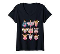 Donna Zoo Animals Wildlife Safari Jungle Birthday Party Boys Girls Maglietta con Collo a V