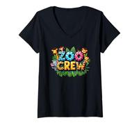 Donna Zoo Crew - Foglie della giungla con animali dello zoo Maglietta con Collo a V