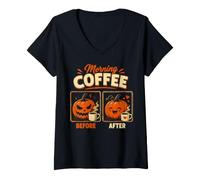 Donna Zucca di Halloween Prima e Dopo Il caffè Divertente Halloween Maglietta con Collo a V