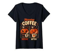 Donna Zucca di Halloween Prima e Dopo Il caffè Divertente Halloween Maglietta con Collo a V