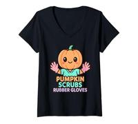 Donna Zucca Infermiera Halloween Camicia Divertente Scrub Guanti di Gomma Maglietta con Collo a V